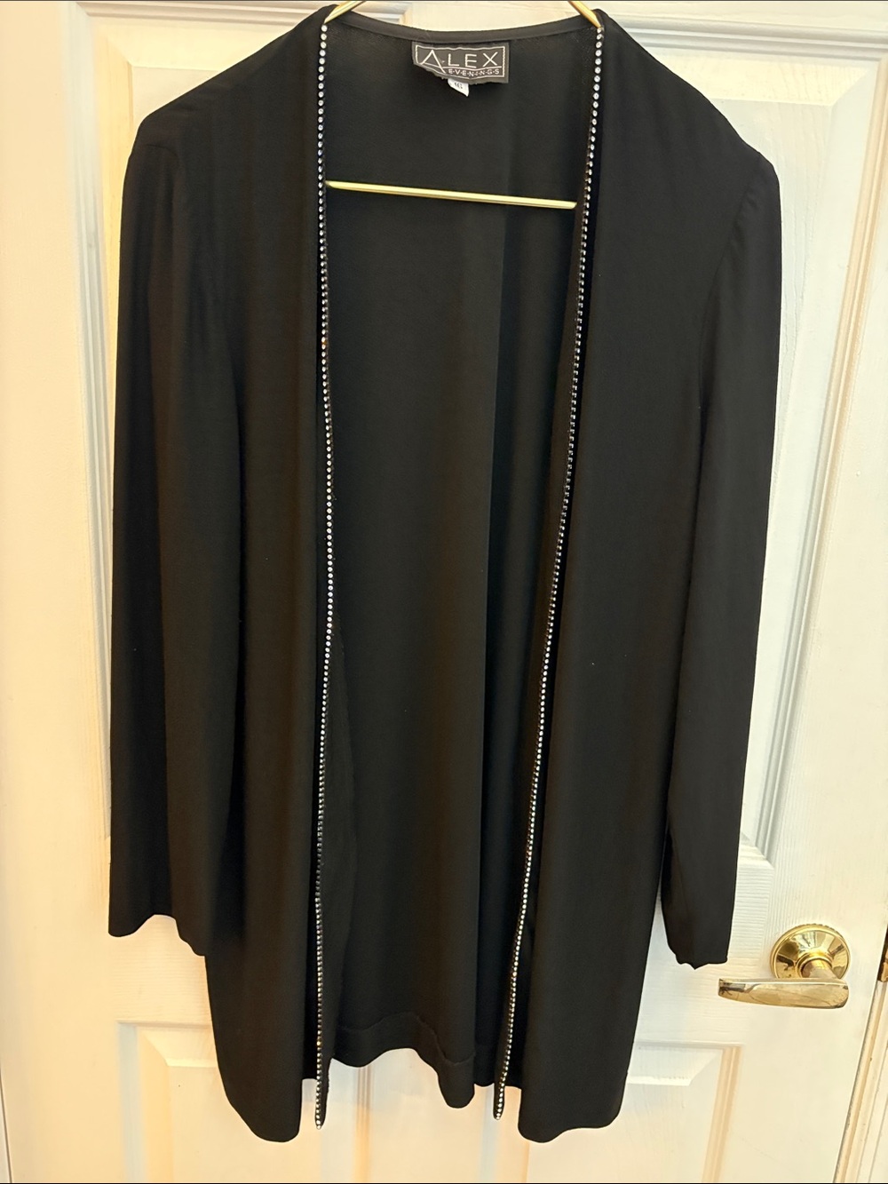Alex Evenings Black Open Front Jacket with Rhinestone Trim size 16